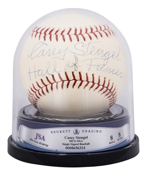 Casey Stengel Autographed and Inscribed "Hall of Famer"  Baseball (PSA/DNA & JSA/Beckett Near Mint-Mint 8)